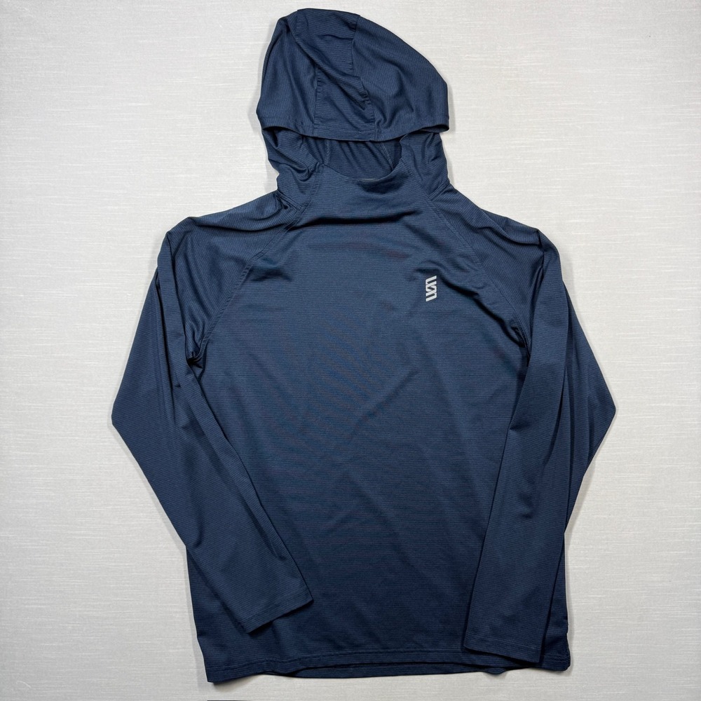 Second Skin‎ Long Sleeve Hooded Shirt Men Large Blue Pullover Mock Neck Gym Run